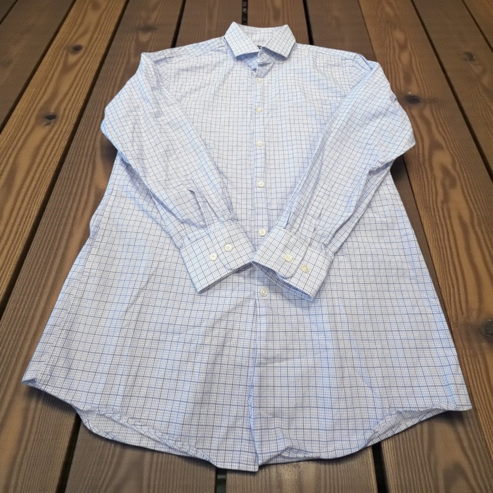 Hugo Boss Dress Shirt Mens 16.5 32/33 Blue White Sharp Fit Graph Check Button Up